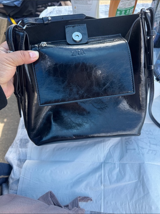 Zara Handbags - Zara Black Patent Shoulder Bag with Front Zip Pocket